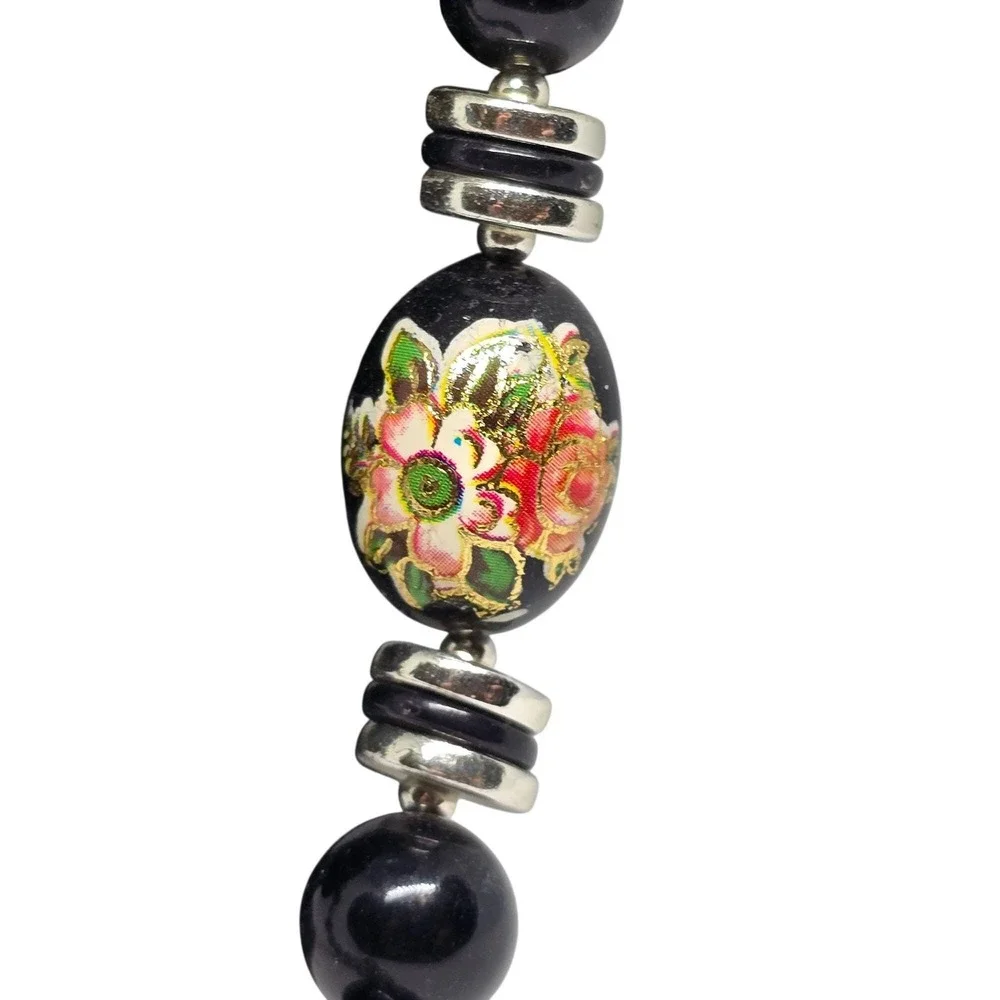 Vintage Black Beaded Cloisonné Floral Necklace Gold Tone Spacers Statement 24